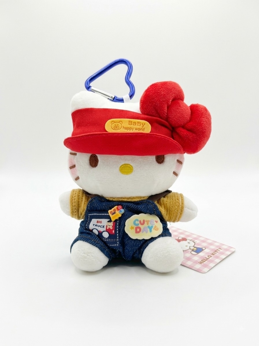Hello Kitty Plush Keychain with Red Hat and Blue Overalls
